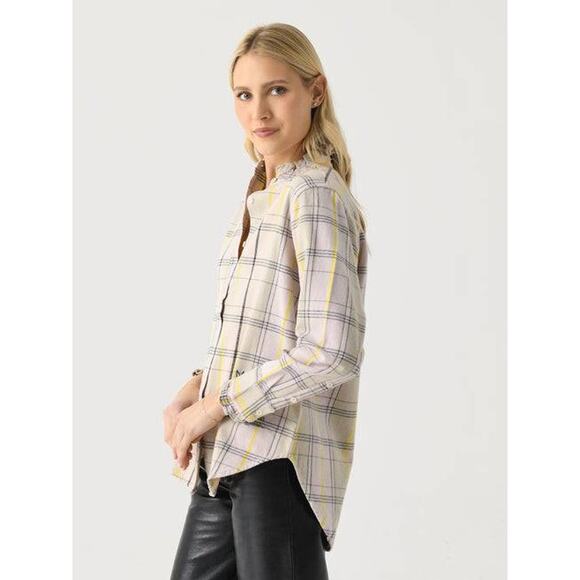 Kerri Rosenthal Mia Cabin Plaid Ruffle Shirt in Light Taupe Multi S - Picture 2 of 5